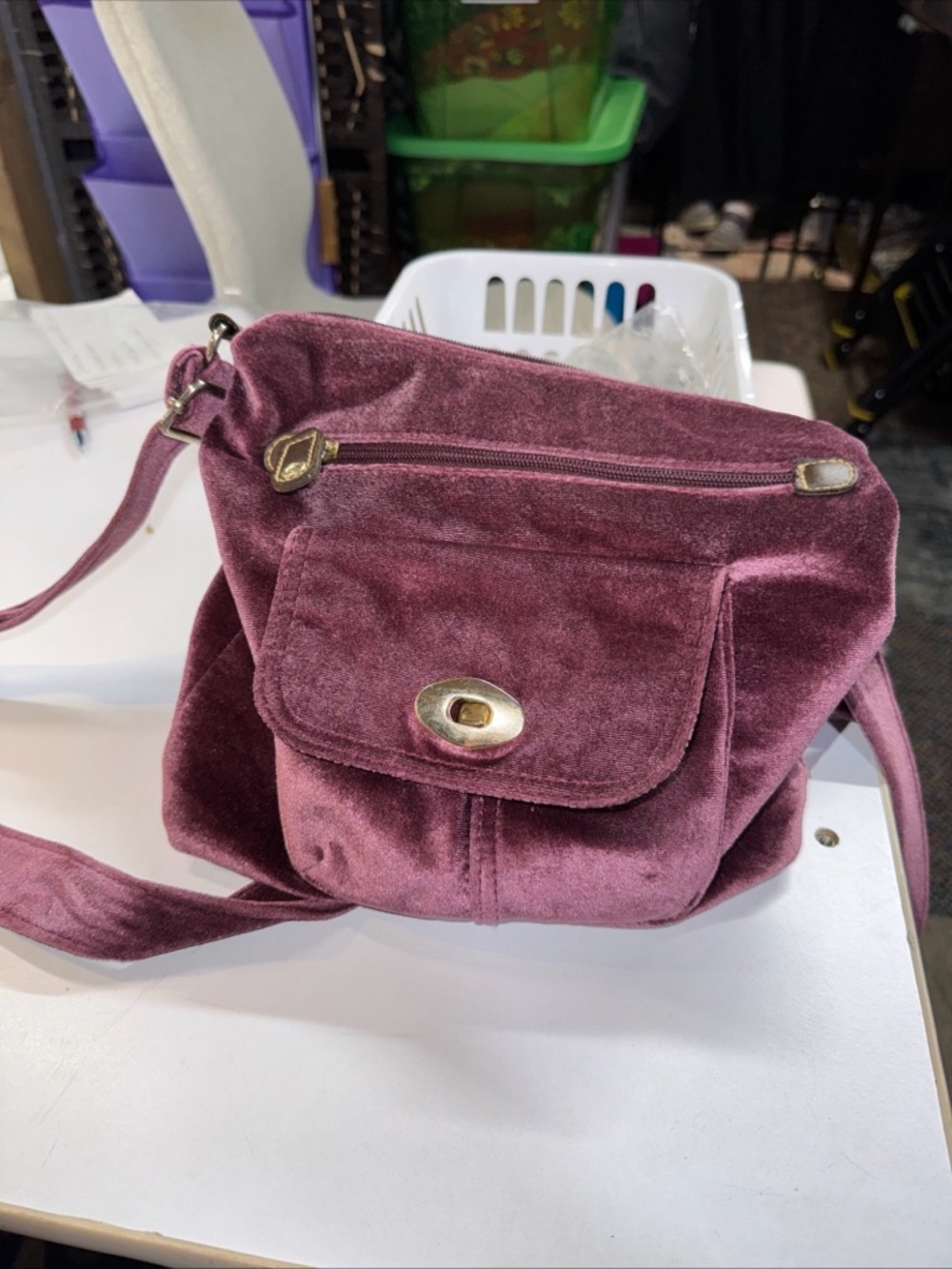 Plum Velvet Crossbody Bag with Antique Brass Hardware